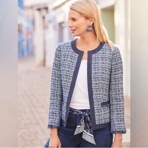 Talbots Tweed Crew Chambray trim Blazer Jacket Sz 16/XL Navy Blue White Fringe